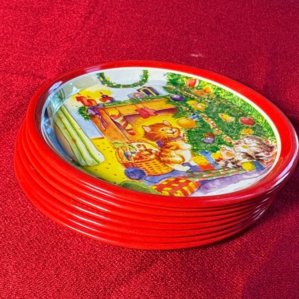 Holiday Cheer Christmas Tin Coaster Set of 8- Red and Green - Kitten
